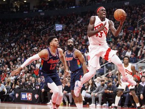 The Raptors' Pascal Siakam drives to the hoop against the Philadelphia 76ers during Game 4 of their playoff series on Saturday at Scotiabank Arena.