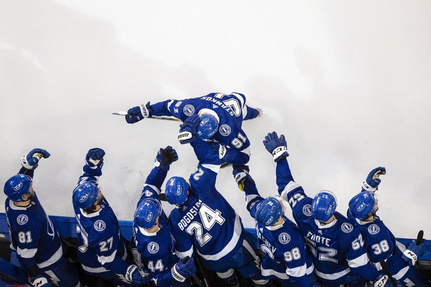 Steven Stamkos became the all-time leading scorer for the Tampa Bay Lightning and celebrates a goal with teammates against the Toronto Maple Leafs.