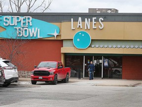 The exterior of Super Bowl Lanes in WIndsor's Forest Glade area where five people were shot on April 9, 2022.