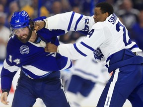 Scarboroughs own Wayne Simmonds, seen here squaring off against upcoming playoff opponent Pat Maroon of the Tampa Bay Lightning, says the Leafs are hungry for a first-round playoff win. 
