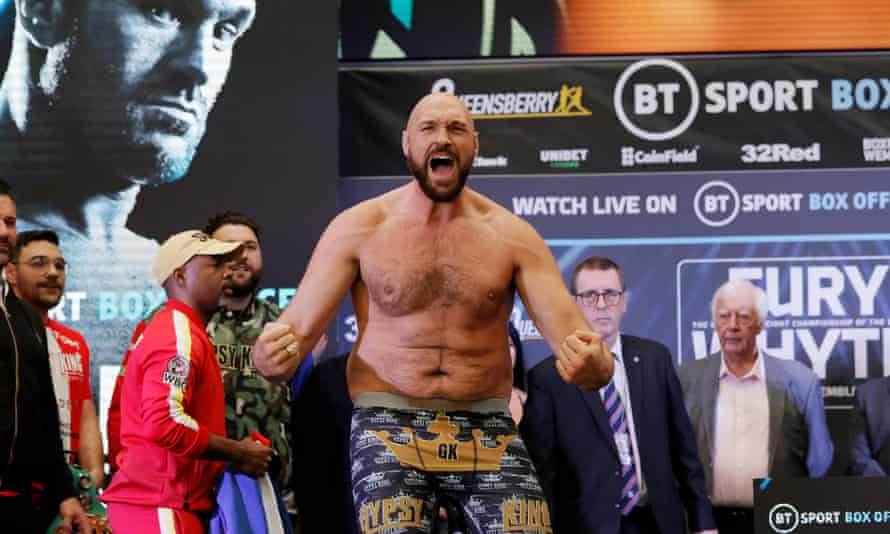 Tyson Fury before weighing in at 18lbs and 12lbs ahead of his fight with Deontay Wilder at Wembley
