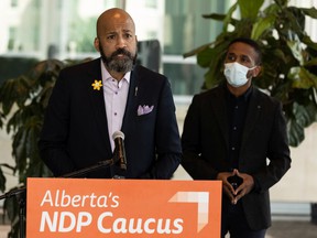 NDP MLA David Shepherd, left, and Eyasu Yakob, a research assistant in the University of Alberta's Faculty of Nursing, respond to the UCP's decision to kill Shepherd's Anti-Racism Act, Friday, April 22, 2022.