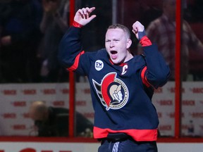 Brady Tkachuk of the Ottawa Senators celebrates after being named the third star following a 5-2 win against the Detroit Red Wings at Canadian Tire Center on April 03, 2022.