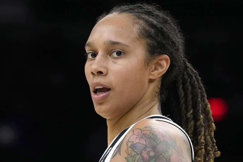 Brittney Griner during the first half of Game 2 of the WNBA Basketball Finals against the Chicago Sky on Wednesday, Oct. 13, 2021, in Phoenix.  A Moscow court announced it has extended the arrest of WNBA star Brittney Griner until May 19, according to the Russian state news agency Tass.  Griner was detained at a Moscow airport in February after Russian authorities said a search of her luggage revealed vape cartridges.  They were identified as containing cannabis-derived oil, which could carry a maximum sentence of 10 years in prison.  (AP Photo/Rick Scuteri, File)