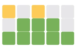 A row of coloured blocks from the online game, Wordle