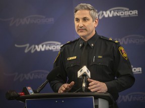 Deputy Chief of Windsor police Jason Bellaire (right) and Chief Pam Mizuno (left) update the community on the traffic situation on Huron Church Road leading to the Ambassador Bridge.  Photographed in Windsor on Feb. Deputy Chief of Windsor police Jason Bellaire updates the community on the traffic situation on Huron Church Road leading to the Ambassador Bridge.  Photographed in Windsor on Feb. 16, 2022., 2022.