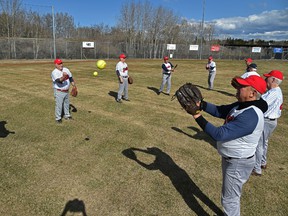 The Esso Bees will be playing in the plus-70's slowpitch division this year hoping to end an 0-63 losing skid that dates back to 2018 in St. Albert, April 28, 2022. Ed Kaiser/Postmedia