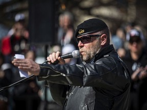 Neil Sheard, the organizer of the 'Rolling Thunder' Ottawa rally downtown Ottawa, Saturday, April 30, 2022, spoke during a ceremony at the National War Memorial.