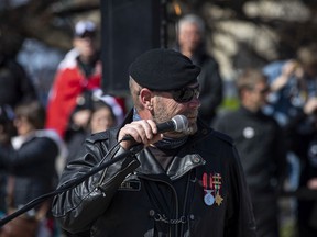 Neil Sheard, the organizer of the 'Rolling Thunder' Ottawa rally downtown Ottawa, Saturday, April 30, 2022, spoke during a ceremony at the National War Memorial.