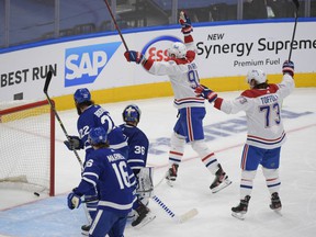 Canadiens' Corey Perry celebrates after scoring against the Maple Leafs in Game 7 of the first round of the 2021 Stanley Cup Playoffs at Scotiabank Arena in Toronto on May 31, 2021.