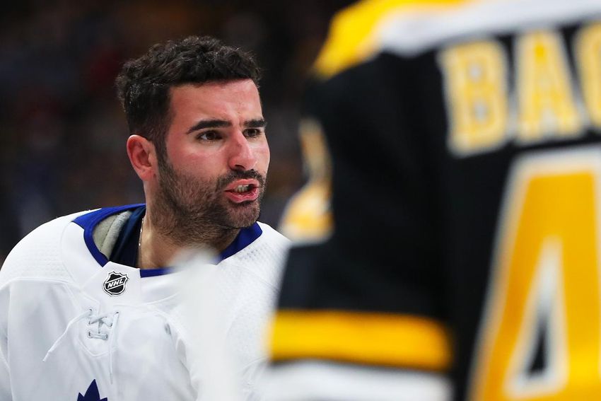 Nazem Kadri of the Toronto Maple Leafs reacts after a fight with Jake DeBrusk of the Boston Bruins in Game Two of the Eastern Conference First Round during the 2019 NHL Stanley Cup Playoffs at TD Garden on April 13, 2019 in Boston, Mass.