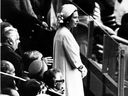 Queen Elizabeth attends the opening ceremony of the Olympic Games in Montreal on July 17, 1976.