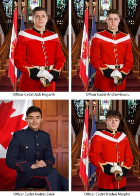 Royal Military College students, clockwise from top left officer Cadet Jack Hogarth, officer Cadet Andrei Honciu, officer Cadet Andrés Salek and officer Cadet Broden Murphy.  Photo courtesy DND
