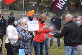 Nickel Belt MPP France Gelinas participates in a spotting ceremony that kicked off a May Day rally in Memorial Park on Sunday.