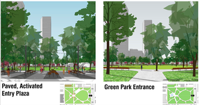 Edmontonians who take the city's survey on designs for Warehouse Park are presented with options for a paved or “activated” entrance.  City of Edmonton, screenshot.