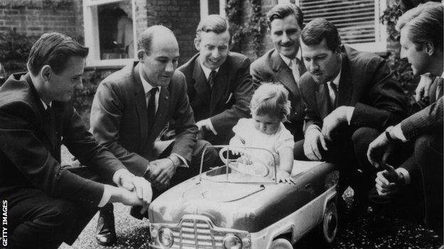 B McLaren, Stirling Moss, Tony Brooks, his father Graham Hill, Jo Bonnier and Wolfgang von Trips