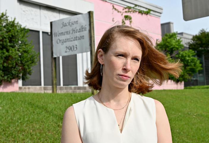 Image: Jean Folsom, a Jackson-area attorney, visited advocates outside the clinic on Tuesday.  (Suzi Altman for NBC News)