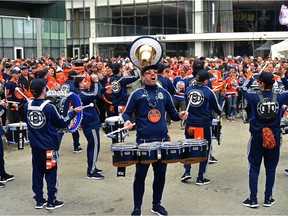 The Oilers Drum and Brass Crew performing for fans at tailgate party in the ICE district Plaza prior to the start of the Oilers game two against the LA Kings in Edmonton, May 4, 2022. Ed Kaiser/Postmedia