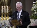 Former Canadiens defenseman Larry Robinson speaks at the funeral services for Habs legend Guy Lafleur at Mary, Queen of the World Cathedral in Montreal on May 3, 2022. 