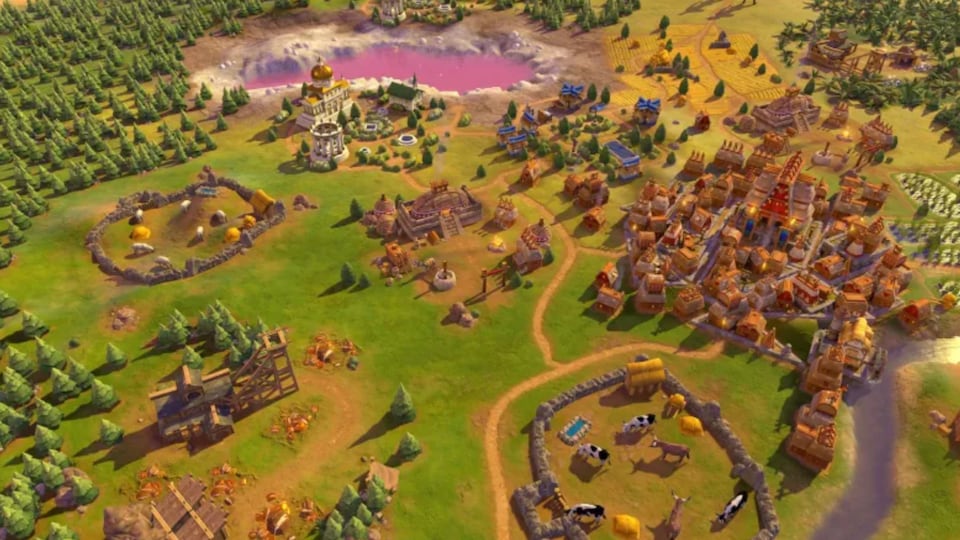 Screenshot showing a village in aerial view in a video game. 