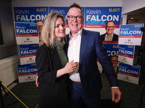 BC Liberal leader Kevin Falcon and his wife Jessica Elliott celebrate Falcon's by-election victory for a seat in the legislature in the riding of Vancouver-Quilchena, in Vancouver, on Saturday, April 30, 2022.