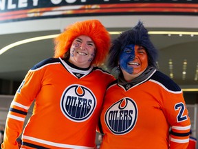 Edmonton Oilers fans Tina Duncan (left) and friend Christie Pederson watched Game 3 of Round 1 between the Edmonton Oilers and the Los Angeles Kings during a watch party held inside Rogers Place in Edmonton, on Friday, May 6, 2022. Photo by Ian Kucerak
