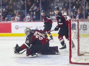 Vancouver Giants goalie Jesper Vikman makes a save during the first period of the WHL playoffs Game 1 against the Kamloops Blazers at the Sandman Center in Kamloops May 6, 2022.