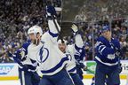 Tampa Bay Lightning's Victor Hedman celebrates his goal against the Maple Leafs with teammate Steven Stamkos during the first period of Game 2 in Toronto on Wednesday, May 4, 2022. 