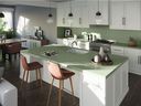 Companies are investing in making the planet a better place for future generations by implementing safer, Earth-friendly manufacturing processes.  Silestone's Sunlit Days Collection, Quartz Surface, Posidonia Green, www.cosentino.com.
