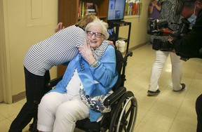 Gerda Cole, 98, meets her daughter Sonya Grist, 80, for the first time on Saturday, May 7, 2022.