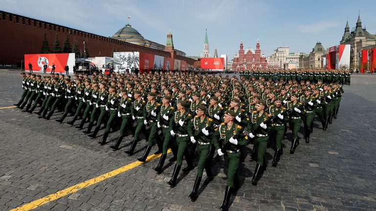 Russian servicemen take part in a rehearsal for the Victory Day military parade in Moscow.
