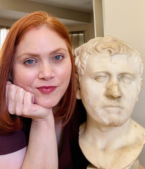 Texas art collector Laura Young with the Roman bust she found at Goodwill in 2018.