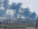 Smoke rises over a plant of the Azovstal Iron and Steel Works company during the conflict between Ukraine and Russia in the southern port city of Mariupol on April 20. 