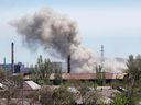 A view shows an explosion at an Azovstal Iron and Steel Works plant during the Ukraine-Russia conflict in the southern port city of Mariupol, Ukraine, on May 8, 2022.