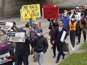 On Sunday May 8, 2022 the City of Edmonton officially proclaimed May 10, 2022 as the National Day of Action Against Anti-Asian Racism.  A group walked from city hall to Pacific Rim Mall in Chinatown, where members of the community rallied to share experiences and impacts of racism, hate and discrimination.