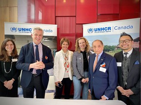 From left: Rema Jamous Imseis, UNHCR representative in Canada;  Filippo Grandi, UN High Commissioner for Refugees;  Nimi Nanji-Simard, director of the Nanji Family Foundation;  Dominique Hyde, UNHCR director of external relations;  Pyarali Nanji, president of the Nanji Family Foundation;  and Alex Tom, UNHCR head of private sector partnerships in Canada.