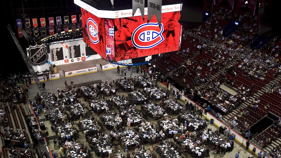 High angle view of a full amphitheater for the NHL Draft.