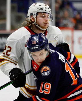 Vancouver Giants Connor Horning and Kamloops Blazers Caeden Bankier in action during the first period of Game 4 in the WHL playoff series at the Langley Events Center May 12, 2022. Rob Wilton photo