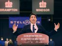 'Building a world-leading auto industry.'  Prime Minister Justin Trudeau speaks at a press conference in Windsor on Monday, May 2, 2022, where Stellantis announced a .6-billion investment to retool its Windsor and Brampton facilities.
