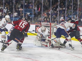 Vancouver Giants Jaden Lipinski and Fabian Lysell put pressure on during the second period of Game 5 against the Kamloops Blazers in the WHL playoff series at the Sandman Center in Kamloops May 13, 2022. Allen Douglas photo