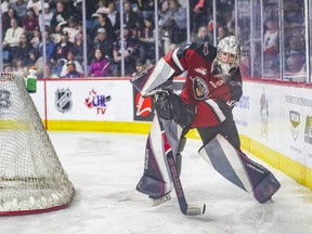 Vancouver Giants goalie Jesper Vikman during the first period of Game 5 of the WHL playoff series against the Kamloops Blazers at the Sandman Center in Kamloops May 13, 2022. Allen Douglas photo