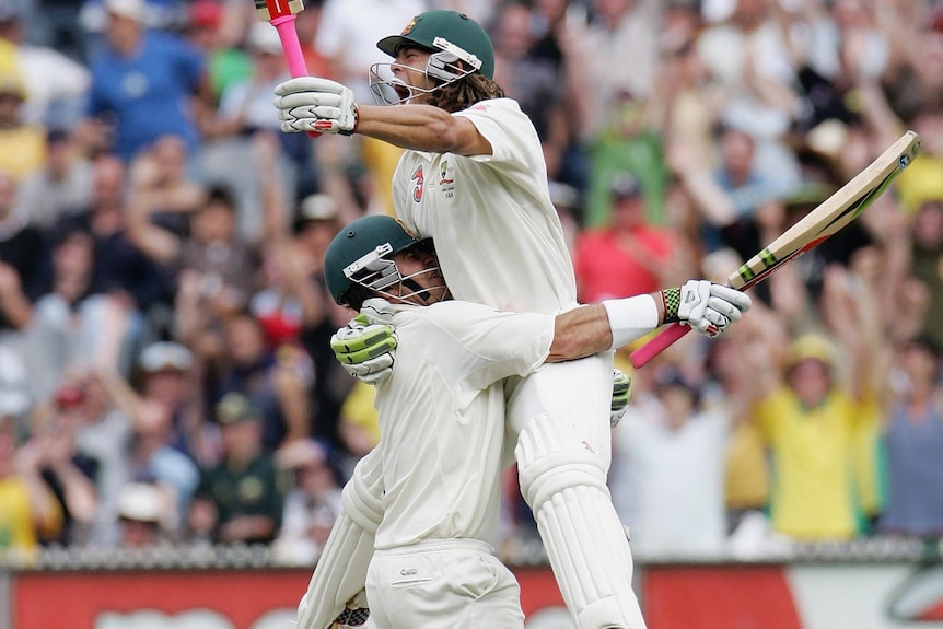 Andrew Symonds celebrates his first Test century against England at the MCG.