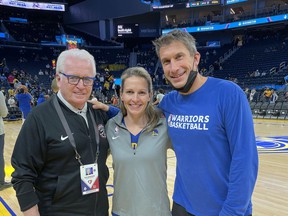 Alex McKechnie (l), Danielle Langford (middle) and Rick Celebrini (r).  Langford is a former SFU basketball star who's now working in the player rehab department for the Golden State Warriors.  Celebrini, who previously worked for the Canucks and Whitecaps, is her boss.
