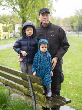 David Chen and his kids Max, 6 and Guss, 2 in Vancouver, BC., May 15, 2022.