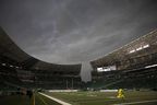 The Mosaic stadium stands empty out after an evacuation due to a lightning storm interrupting first-half CFL action in Regina on Monday, July 1, 2019. 