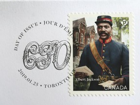 A stamp honoring Albert Jackson the first African-Canadian mail carrier in Canada is shown on Thursday, February 14, 2019.