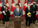 Public Safety Minister Marco Mendicino, Deputy Prime Minister Chrystia Freeland, Justice Minister David Lametti and Emergency Preparedness Minister Bill Blair back Prime Minister Justin Trudeau as he announces the Act will be invoked of Emergencies to face the protests in Ottawa, on February 14, 2022.