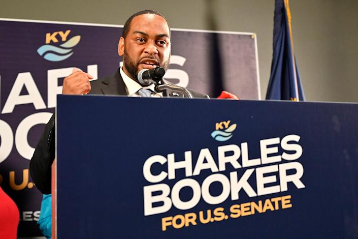 Democrat Charles Booker speaks to a group of supporters following his victory in the Kentucky primary Louisville, Ky., Tuesday, May 17, 2022.