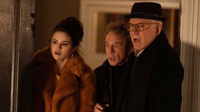 Selena Gomez, Martin Short, and Steve Martin on the set of the Hulu series Only Murders in the Building.