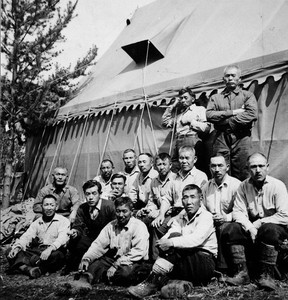 Group of interned Japanese men at a road camp, Yellowhead, BC, March 1942.
